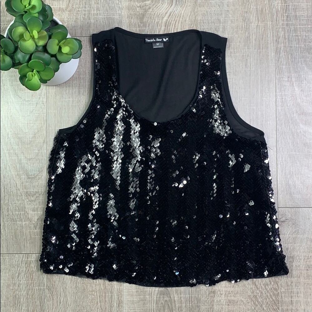 Double Zero Black Sequin Crop Tank Top Women's Size Medium